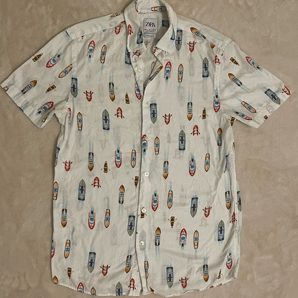 Zara Men's White Shirt with Boat Print
